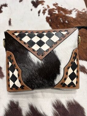 Cowhide Crossbody Bag with Leather Trim - Black White Brown